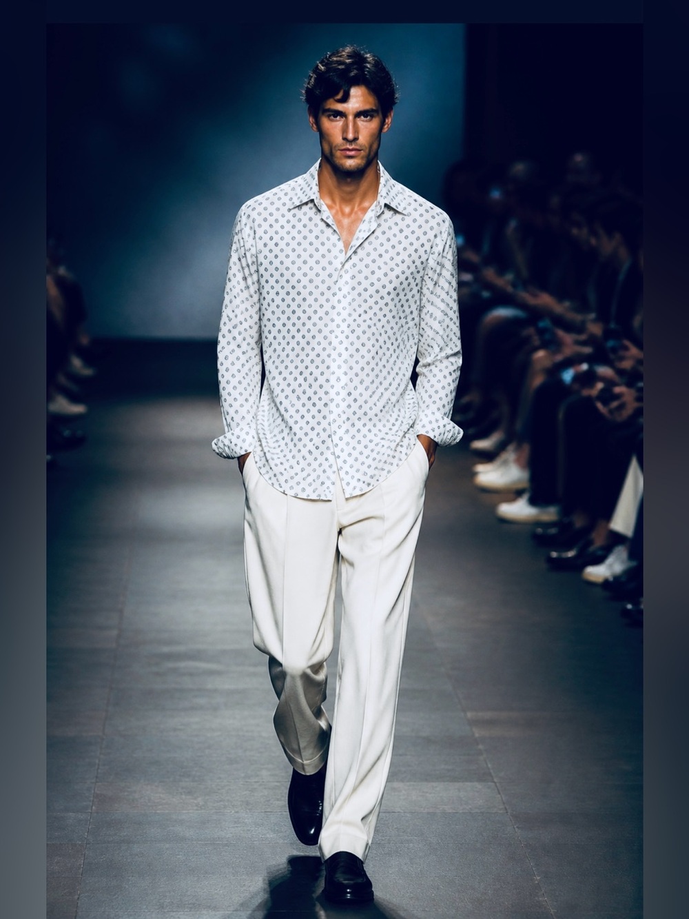 Modern People Men's White Button-Down Shirt with Blue Micro Print